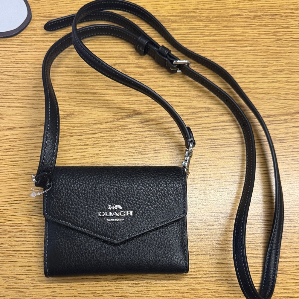 COACH Black Pebbled Leather Crossbody Wallet with Silver Logo
